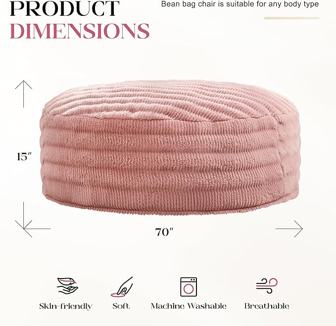Hobestluk Bean Bag Chairs Beanbag Chair with Filler Adult Bean Bags with Fluffy Ripple Cover, Giant Bean Bag Chairs for Adults (Pink, 6FT - 70" x 70" x 15")
