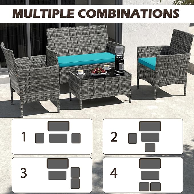 RELAX4LIFE 8-Piece Patio Furniture Set - Rattan Outdoor Conversation Bistro Set w/Cushions, Glass Coffee Table, Wicker Chairs & Loveseat for Pool Garden Backyard Porch Balcony (2, Mix Grey-Turquoise)