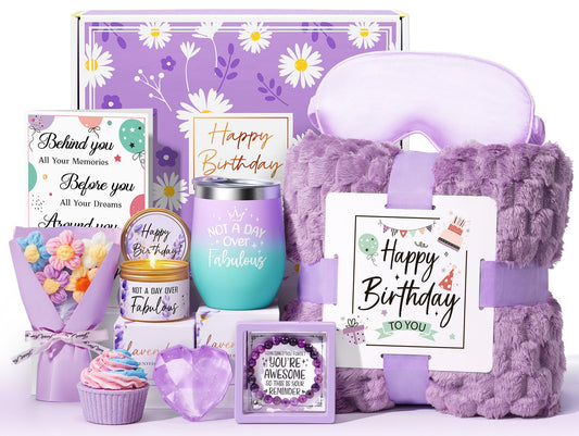 Birthday Gifts for Women Friendship, Unique Happy Birthday Gifts Basket for Mom Her Best Friend Sister Wife Girlfriend Coworker Teacher, Luxury Self Care Box Lavender Relaxing Spa Gifts Set w/ Blanket
