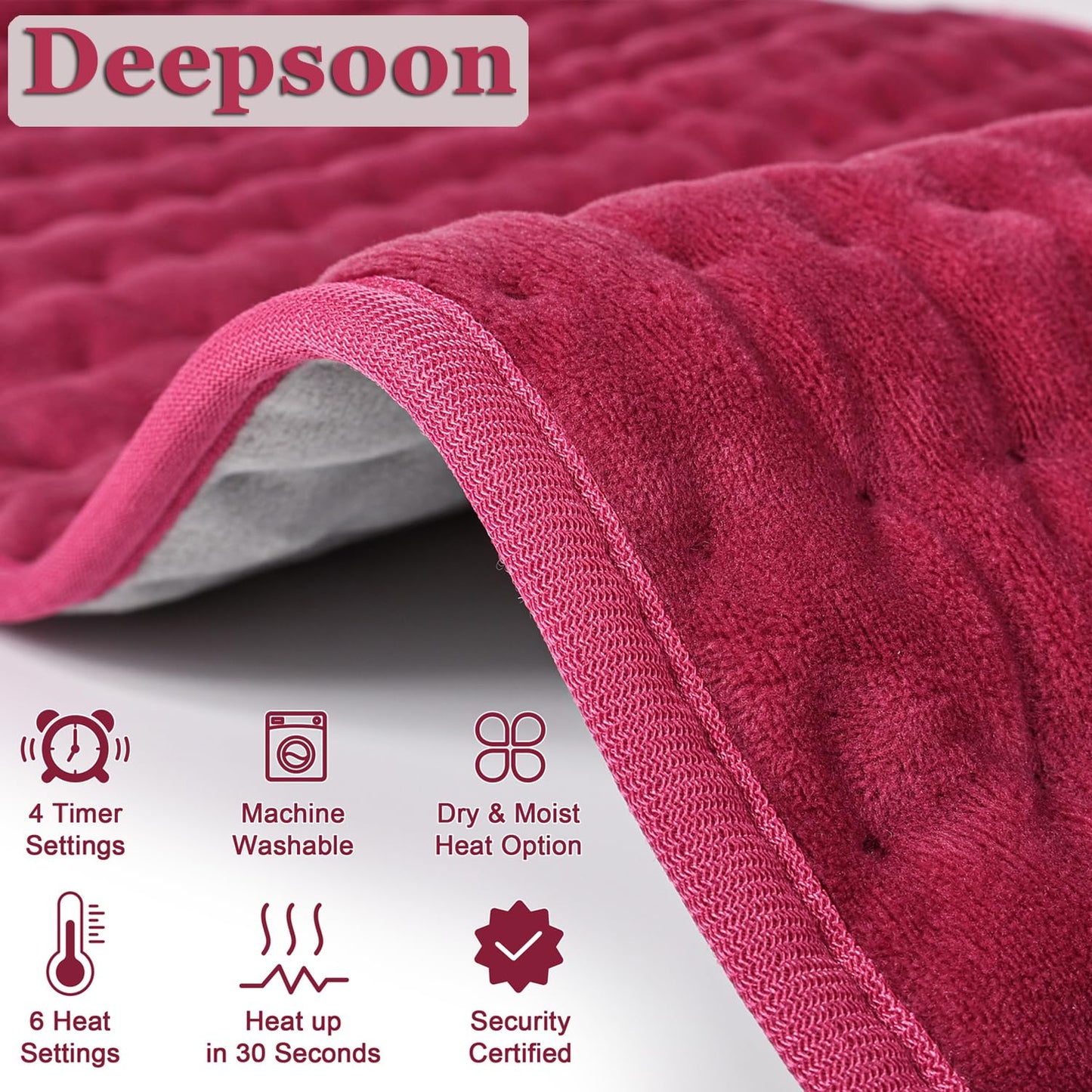 Deepsoon Heating Pad,Electric Heating Pads for Back,Neck,Abdomen,Moist Heating Pad for Shoulder,Knee,Arms,Legs,Dry/Moist Heat & Auto Shut Off,Christmas Gifts for Men and Women,Burgundy,24x12 Inch