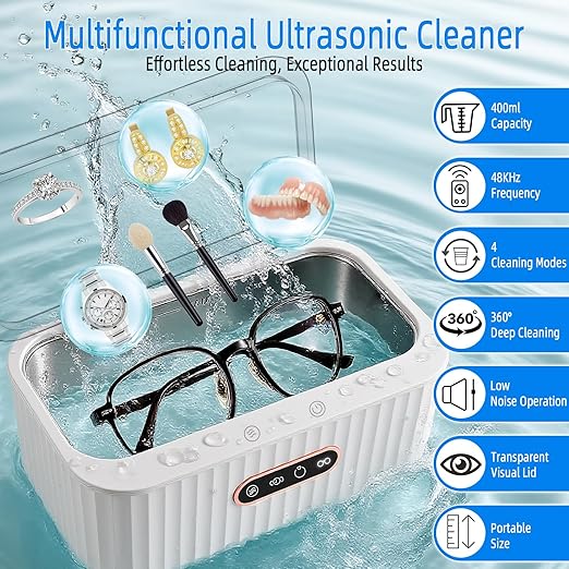 Ultrasonic Jewelry Cleaner, Ultra Sonic Cleaning Machine with 48KHz 4 Modes 400ml 304 Stainless Steel Tank for Glasses Ring Necklace Watch Strap Denture Retainer,Home and Travel Use Gift for Women Men