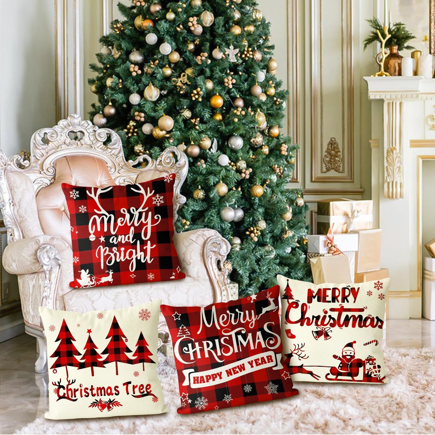Christmas Pillow Covers 18x18 Set of 4 - Red Black Buffalo Check Plaid Decor - Indoor Outdoor Xmas Throw Pillow Cases for Sofa Couch
