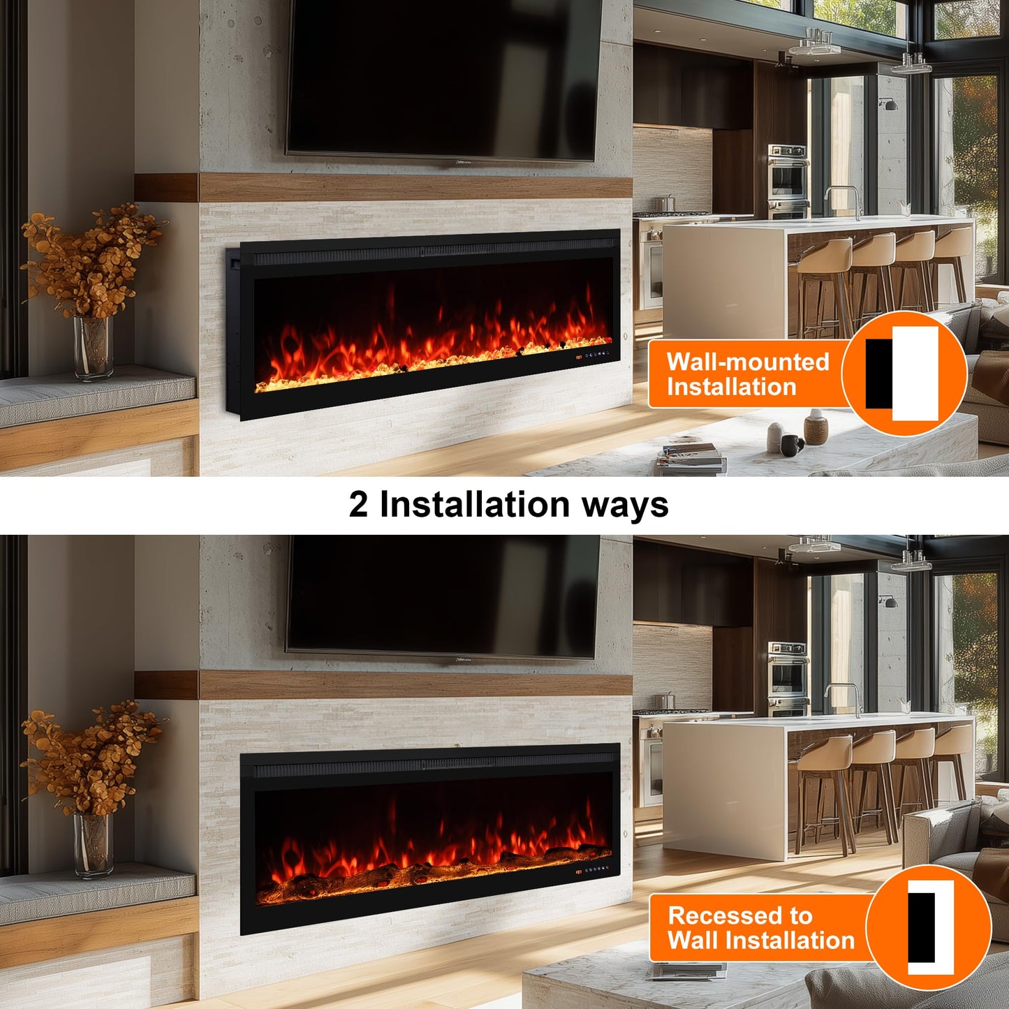 Oxhark Flame 50 Inch Smart Electric Fireplace Insert with Heater, Recessed or Wall Mounted, Remote and App Control, 9H Timer, Adjustable Realistic Flame Effects, 1500W Heater