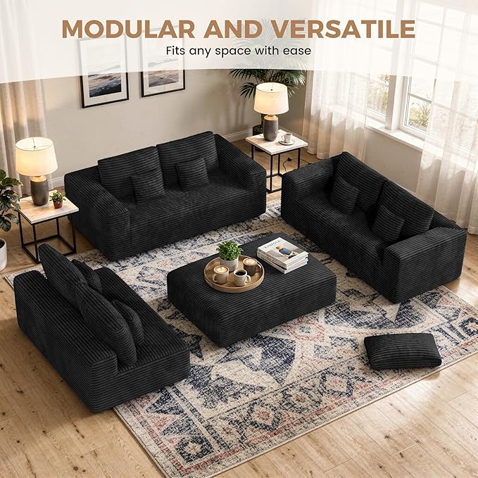 136'' Large Sectional Cloud Couches with Chaise, U Shaped Boneless Sofa Bed with Ottoman, No Assembly Required Deep Seat Modular Lounge for Living Room 4PCS Set, Bedroom(Black)