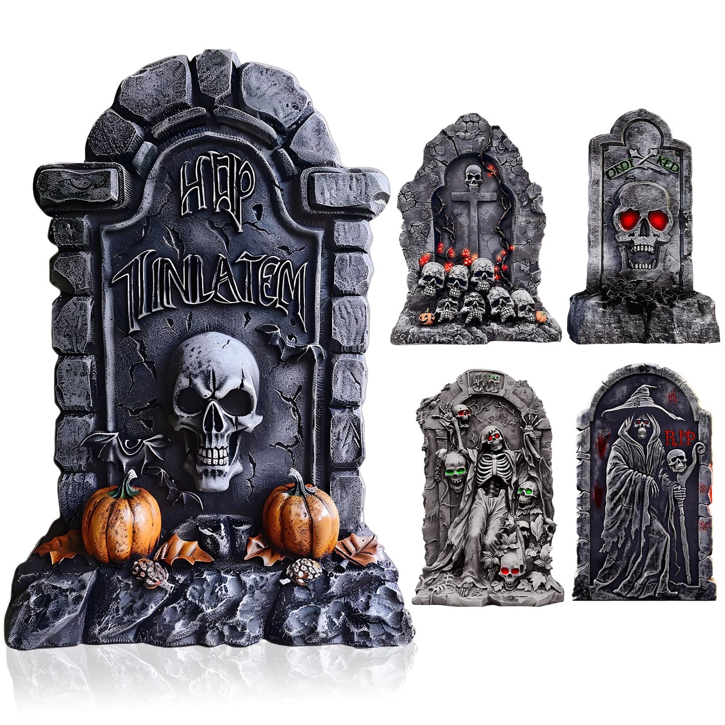 BEAUTLOHAS. 25 Inch Halloween Graveyard Tombstones Plastic Board, 5 PCS Halloween Headstones Decorations RIP for Yard Sign Lawn Garden Outdoor Decor