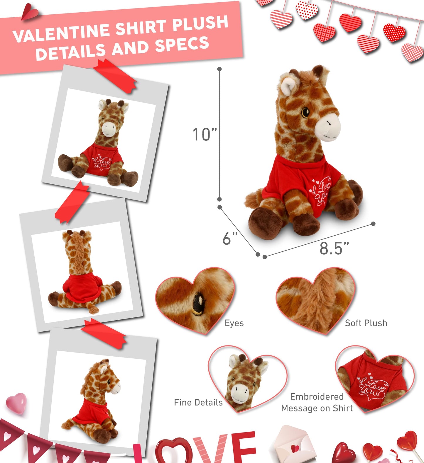DolliBu I Love You Valentine Plush Eco-Friendly Giraffe - Cute Stuffed Animal with Red Shirt and Name Personalization Gift for Valentines Day, Birthday, Anniversary, Romantic Date - 10 Inches