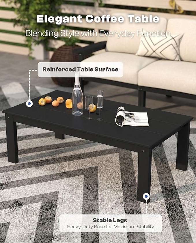 Patio Kingdom Patio Furniture Set 8 Seats, HDPE Outdoor Sectional with Beige Washable Thick Cushions, Coffee Table, Patio Conversation Sets for Lawn, Garden, Porch, Balcony, Deck (Black Frame)