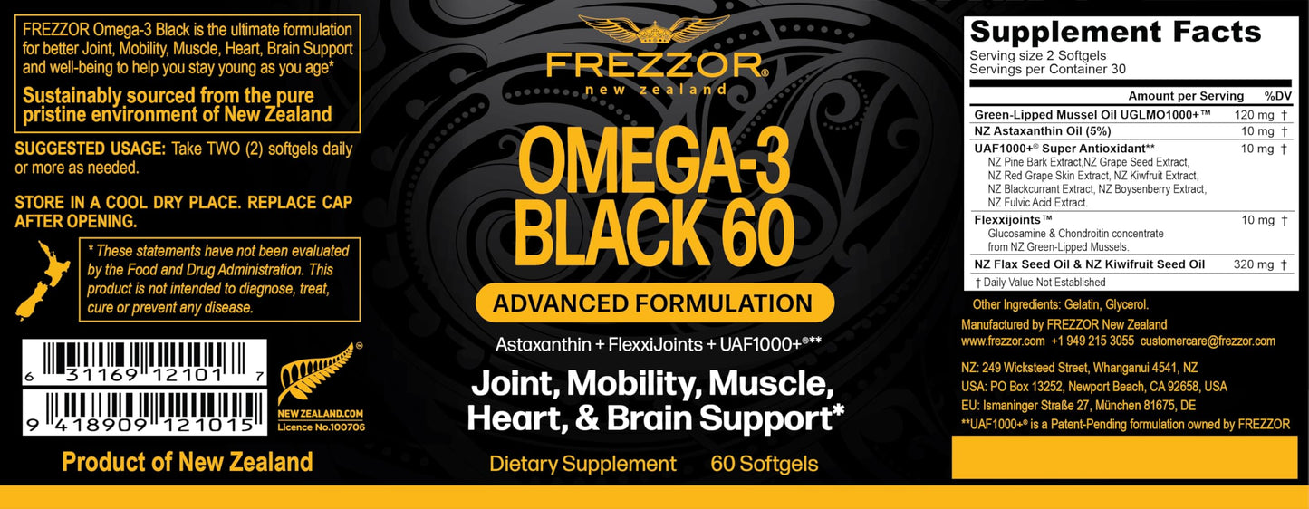 FREZZOR Omega 3 Black for Joint Care & Comfort - New Zealand Green Lipped Mussel Oil Capsules; 53x Higher Potency with UAF1000+ Super Antioxidant, No Fishy Aftertaste, 1-Pack, 60 Softgels