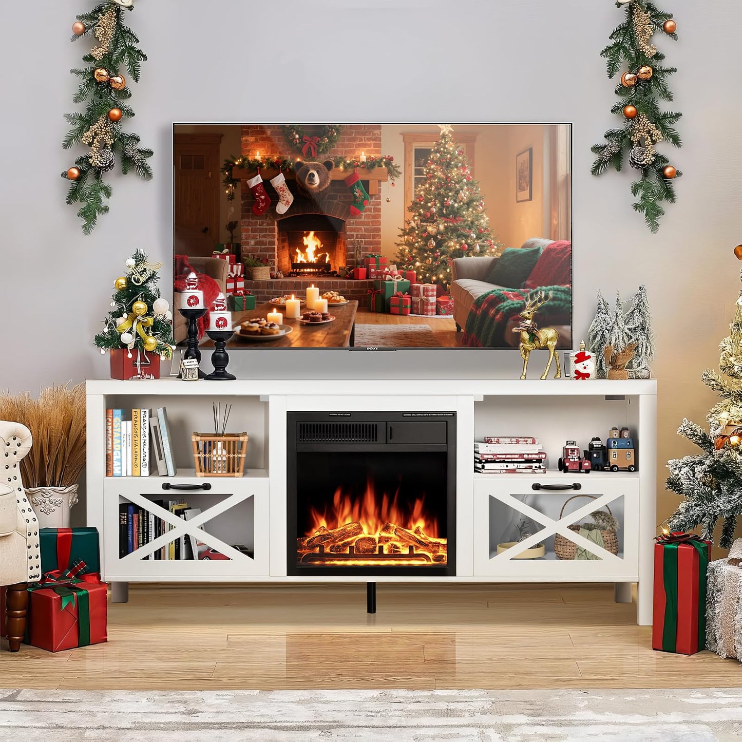 Electactic Electric Fireplace TV Stand with Mantel & Storage, Features Realistic LED Flame Insert, Remote, 7 Brightness Settings, Overheat Protection, for Living Room Furniture or Bedroom Fireplace