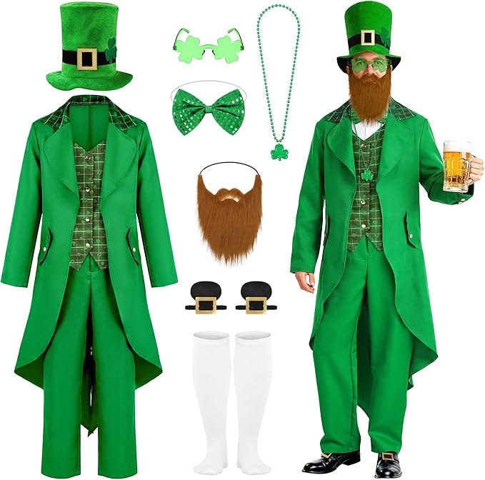 SOMSOC 9 Pieces Men St Patrick's Day Costumes Set Adult Irish Suit Outfit with Clover Hat Glasses for St Patrick's Day Party