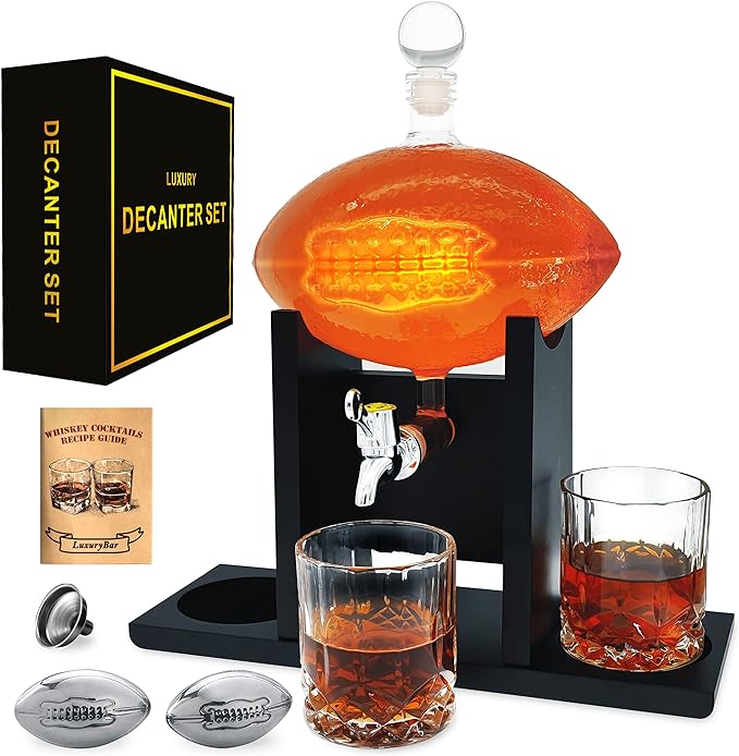 Football Whiskey Decanter Set with Glasses Spout Football Chiller,47oz Whiskey Decanter Sets for Men,Tequila Liquor Decant...