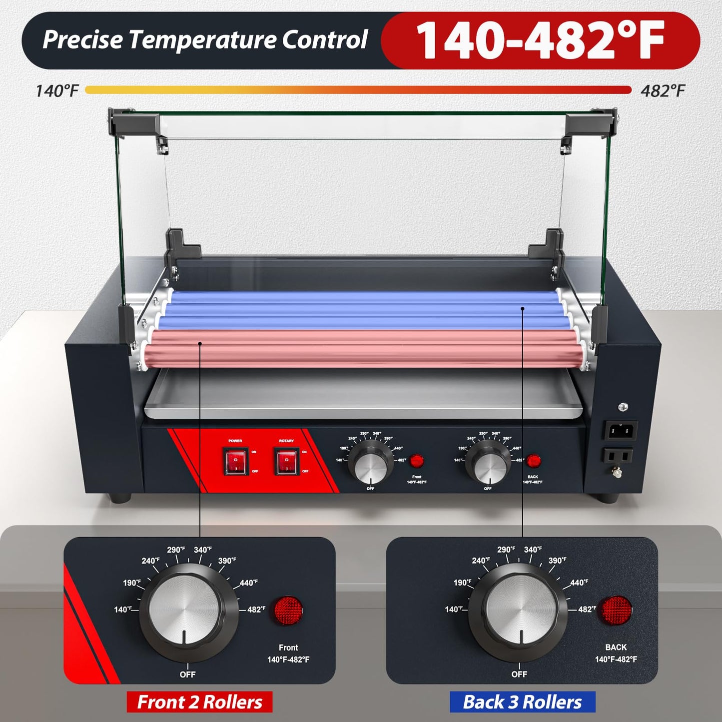 Baotree Commercial Hot Dog Rollers, 5 Rollers 12 Hot Dogs Capacity, 750W Stainless Steel Hot Dog Griller with Dual Controls, Glass Cover, Removable Tray for Commercial and Party
