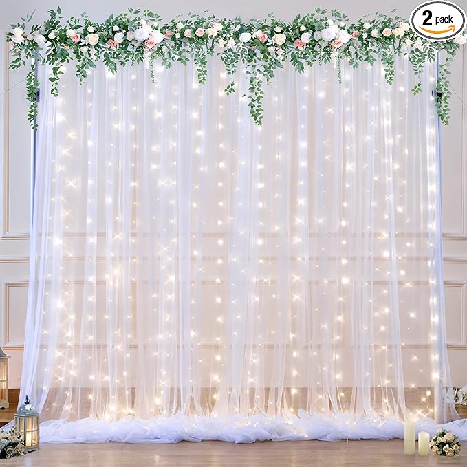 10ft x 10ft White Tulle Backdrop Curtain with Lights String for Parties Wedding Bridal Shower Sheer White Curtain Backdrop...