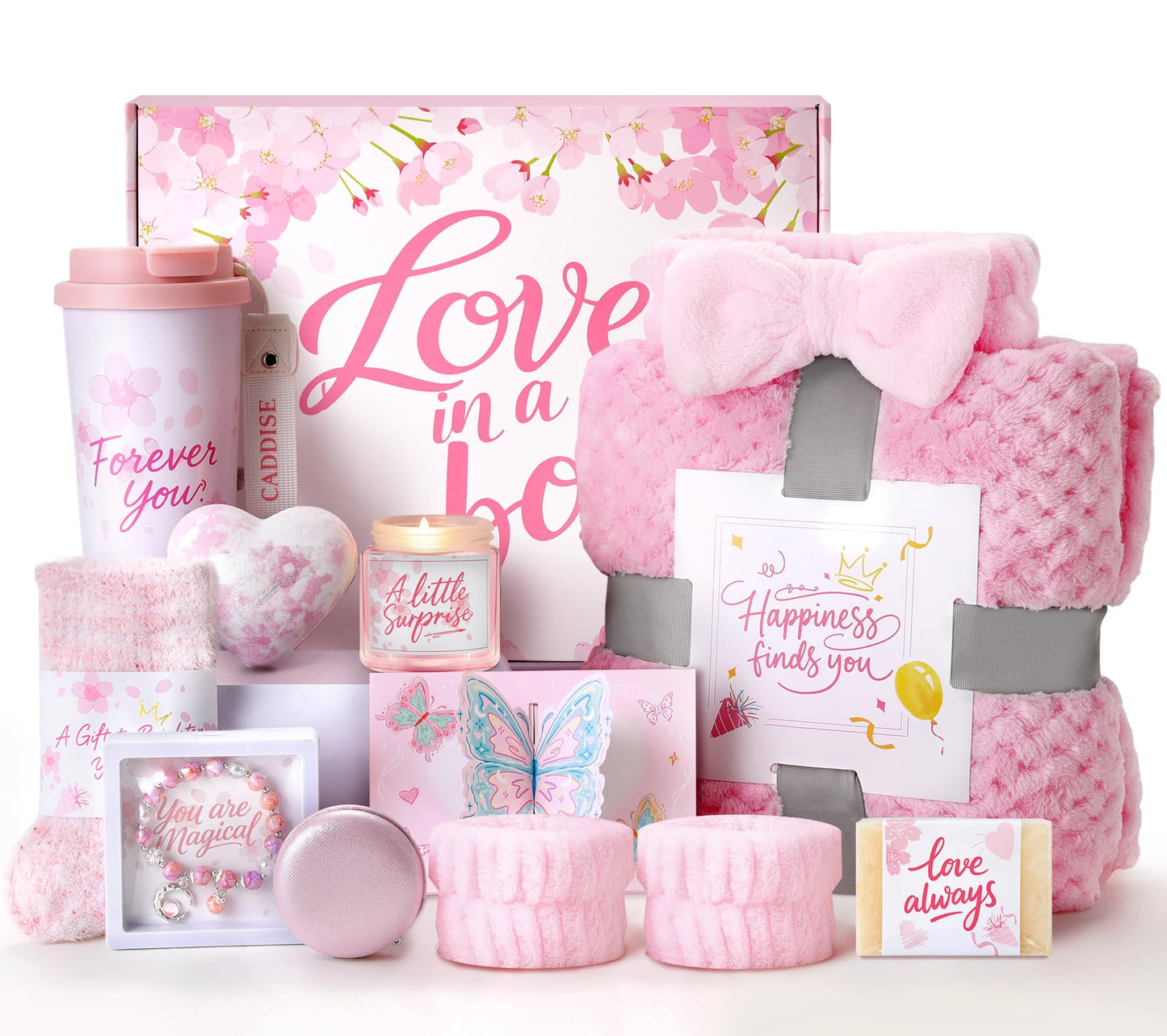 Birthday Gifts for Women, Gift Basket for Mom Wife Sister Her Friends, Luxury Self Care Spa Set with Blanket, Thank You Get Well Soon Holiday Gifts Box for Mother Valentine Day (Pink)