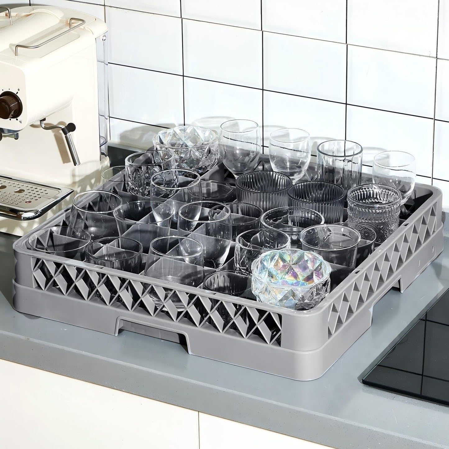 Aurelema 1 Pack Commercial Dishwasher Tray Rack Polypropylene Full Size Flatware Rack for Bowls Plates Knives Forks Cups (25 Grid,Gray)