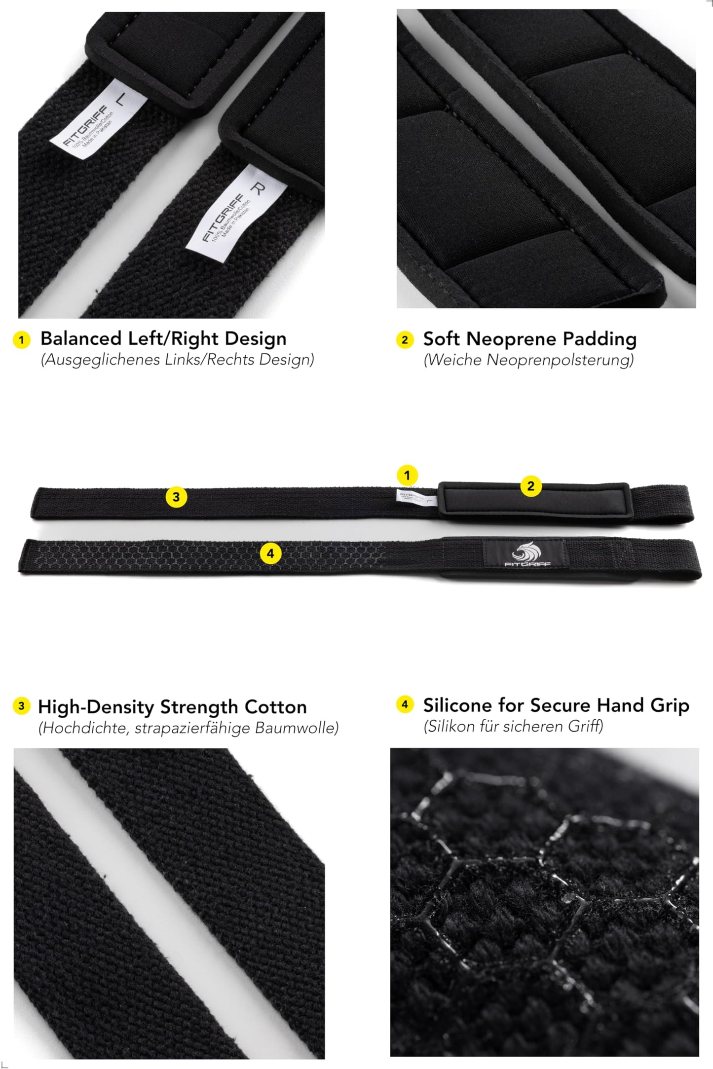 Fitgriff® Lifting Wrist Straps for Weightlifting, Gym, Deadlift, Workout (Made of Premium Cotton & Padded) - Men & Women (Standard, Black (Silicone-Grip))