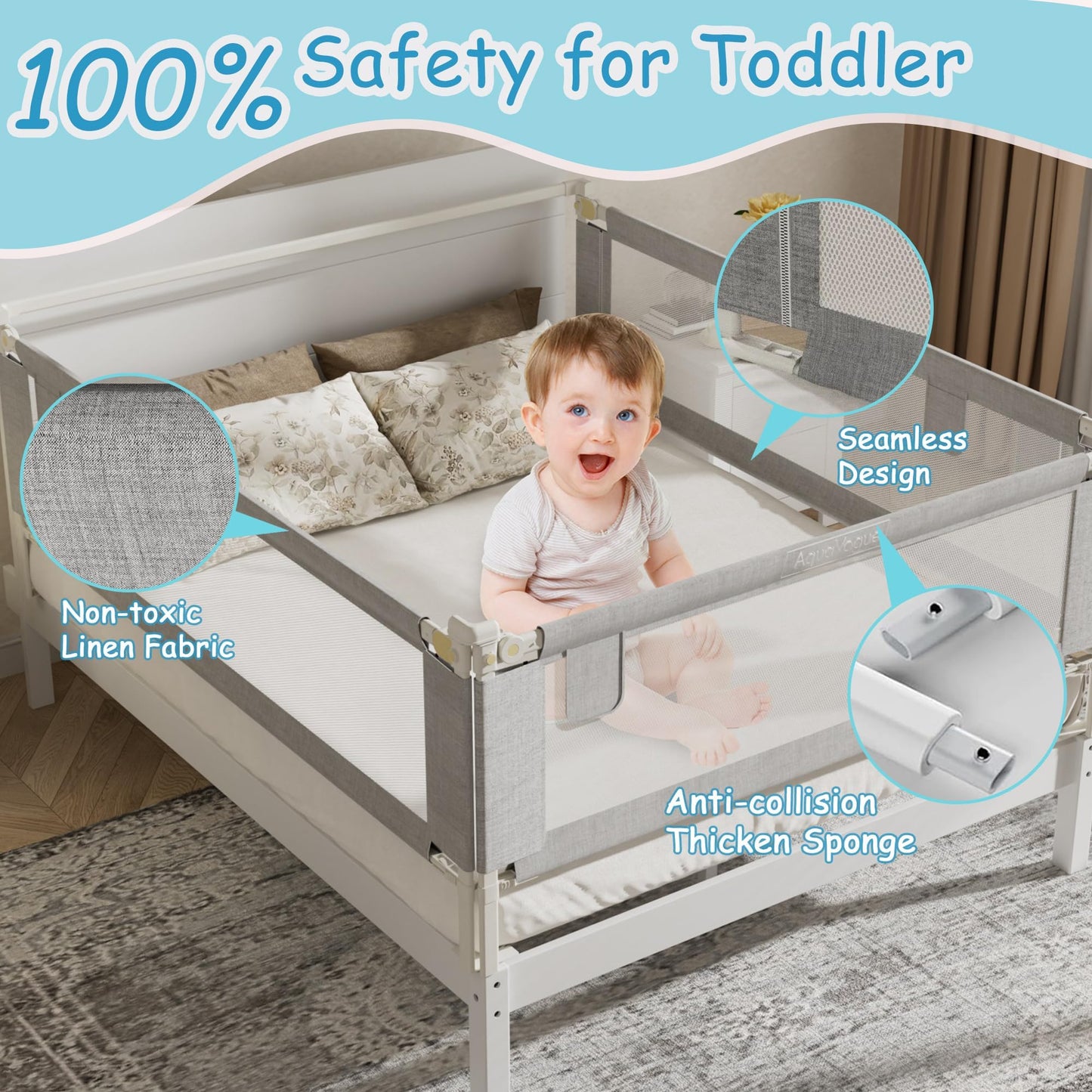 AquaVogue 3-Pack Queen Size Bed Rails for Toddlers -Height Adjustable Baby Bed Rail Guard Specially Designed for Queen Size Bed(78.74 x 78.74 x 59 Inch)