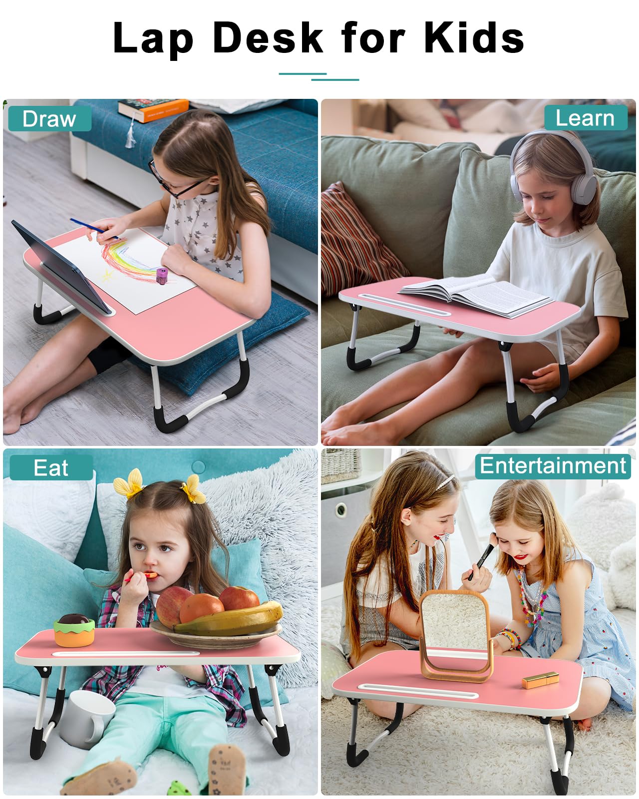 Foldable Lap Desk with Tablet Slot, Portable Laptop Desk for Bed, Lightweight Bed Table for Working Writing Reading Drawing Eating on Couch Floor, Pink (20.8"×11.8")