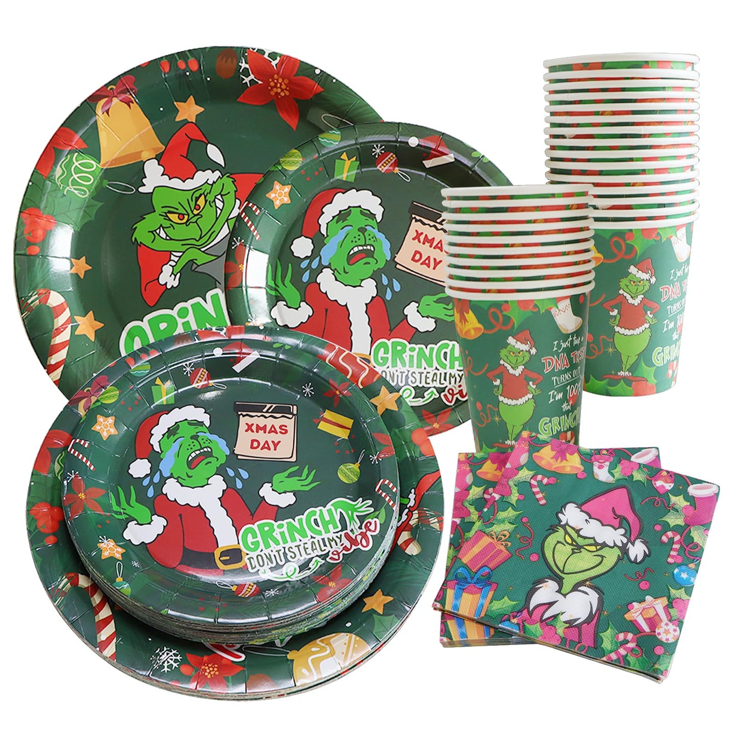 sparkepic 100 Pc Christmas Tableware Set: Green Holiday Characters, Disposable Dinnerware, 50 Plates, 25 Napkins, 25 Cups for Xmas Party Supplies and Decorations.