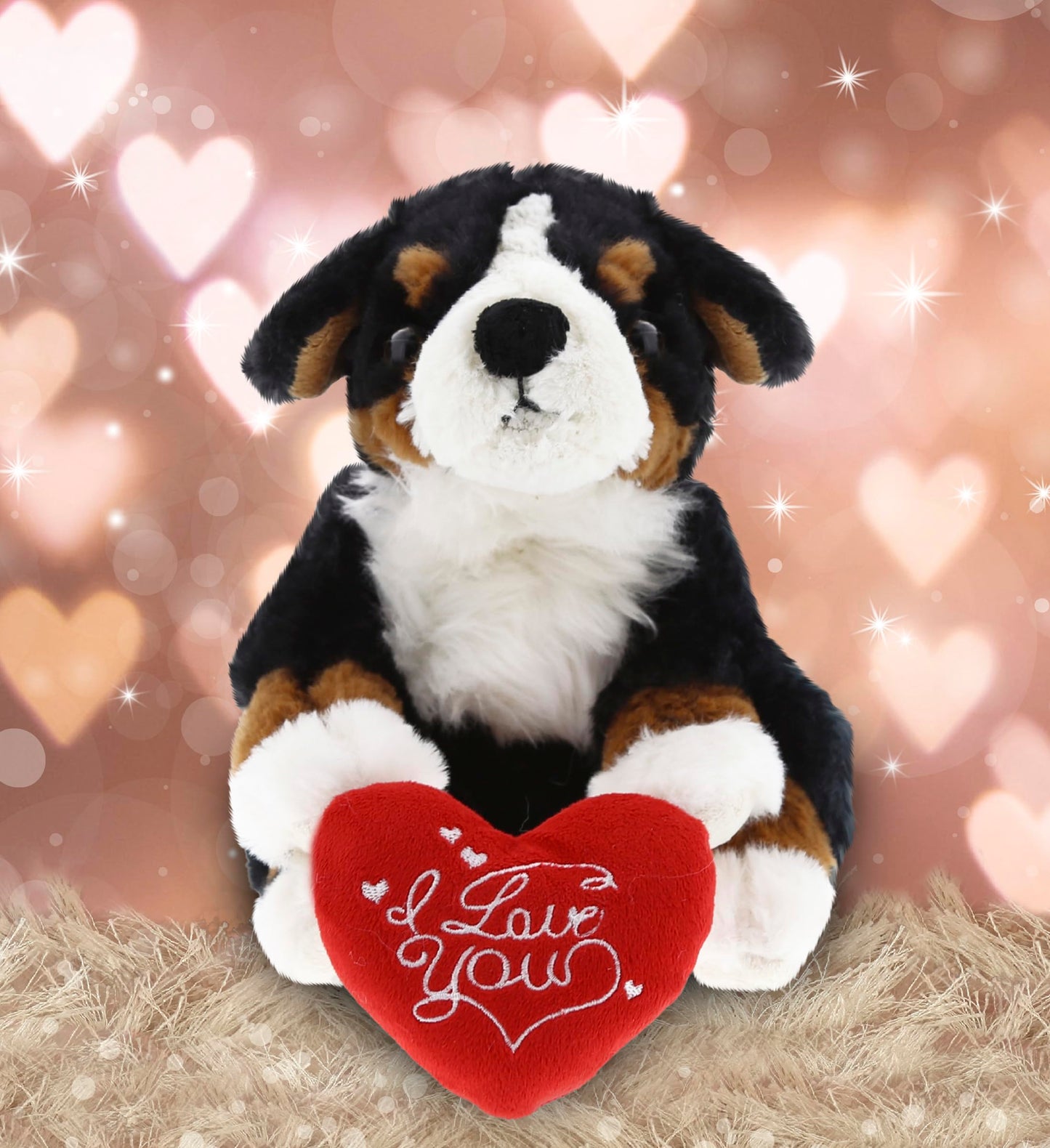 DolliBu I Love You Valentine Plush Bernese Dog - Cute Stuffed Animal with Red Heart and Name Personalization Gift for Valentines Day, Birthday, Anniversary, Romantic Date - 7 Inches