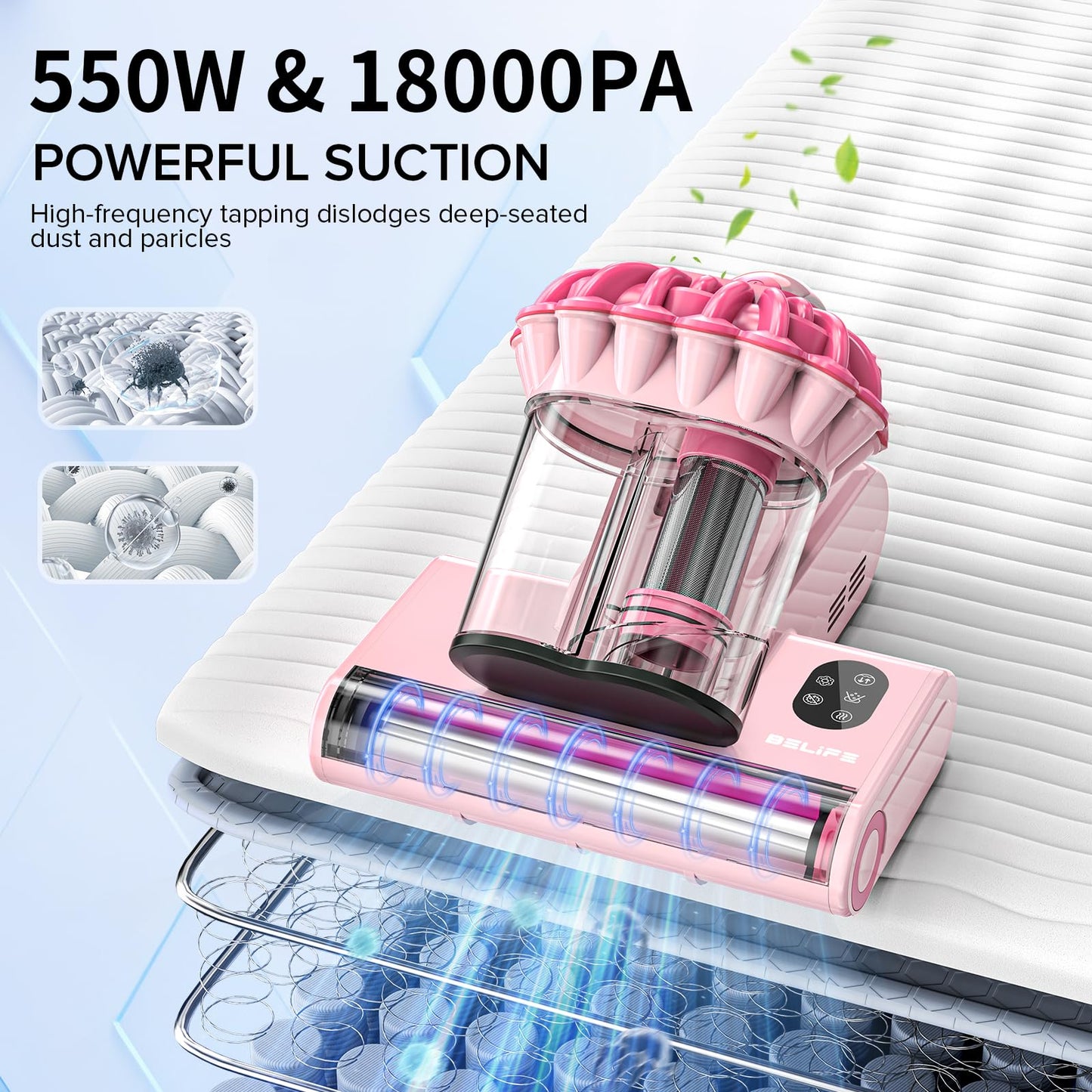 Belife M8 Mattress Vacuum Cleaner, 18Kpa Bed Vacuum Cleaner with UV & Hot Air & High Heating, 550W Powerful Suction Double-Cup Handheld Vacuum Sofa Couch Cleaner for Dust Pillow Crib Pet Hair, Corded