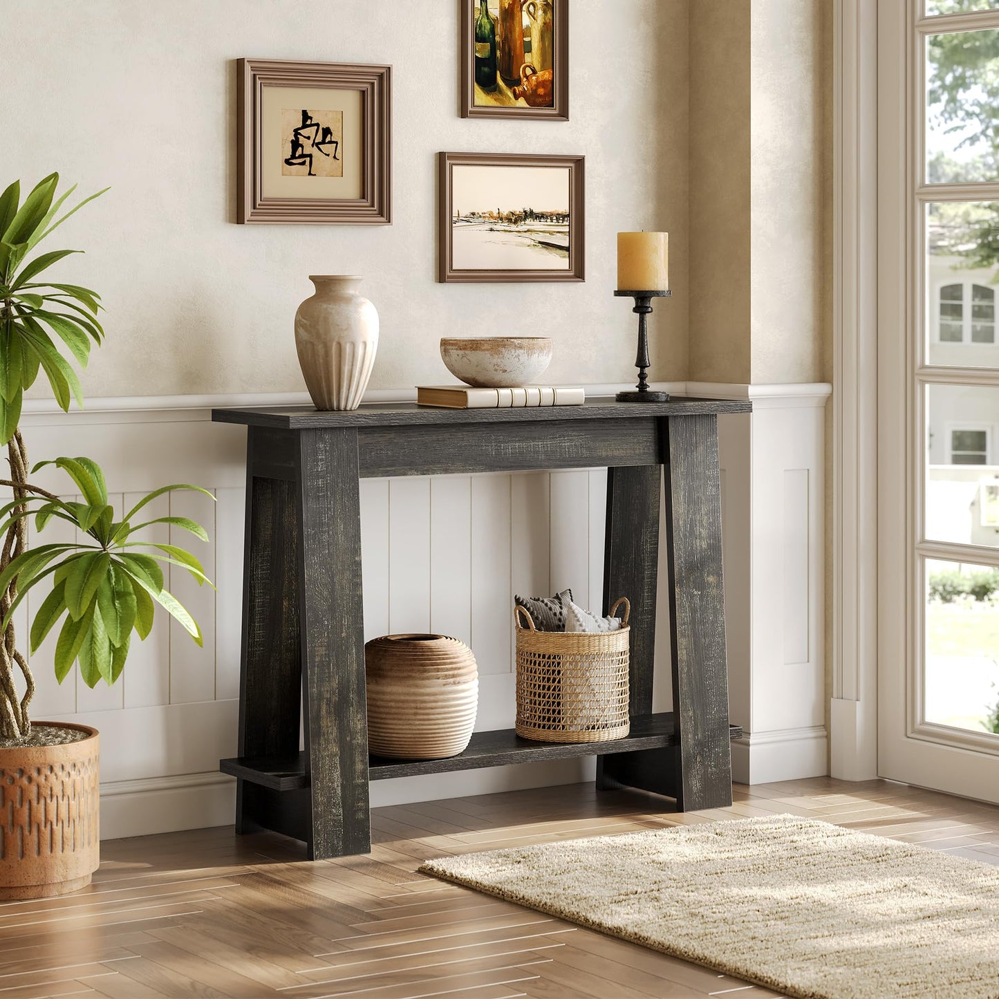LITTLE TREE 41.3-Inch Console Table, 2-Tier Shelf, Small Sofa Table Behind The Couch, Accent Entryway Table for Living Room, Hallway, Entrance, Black