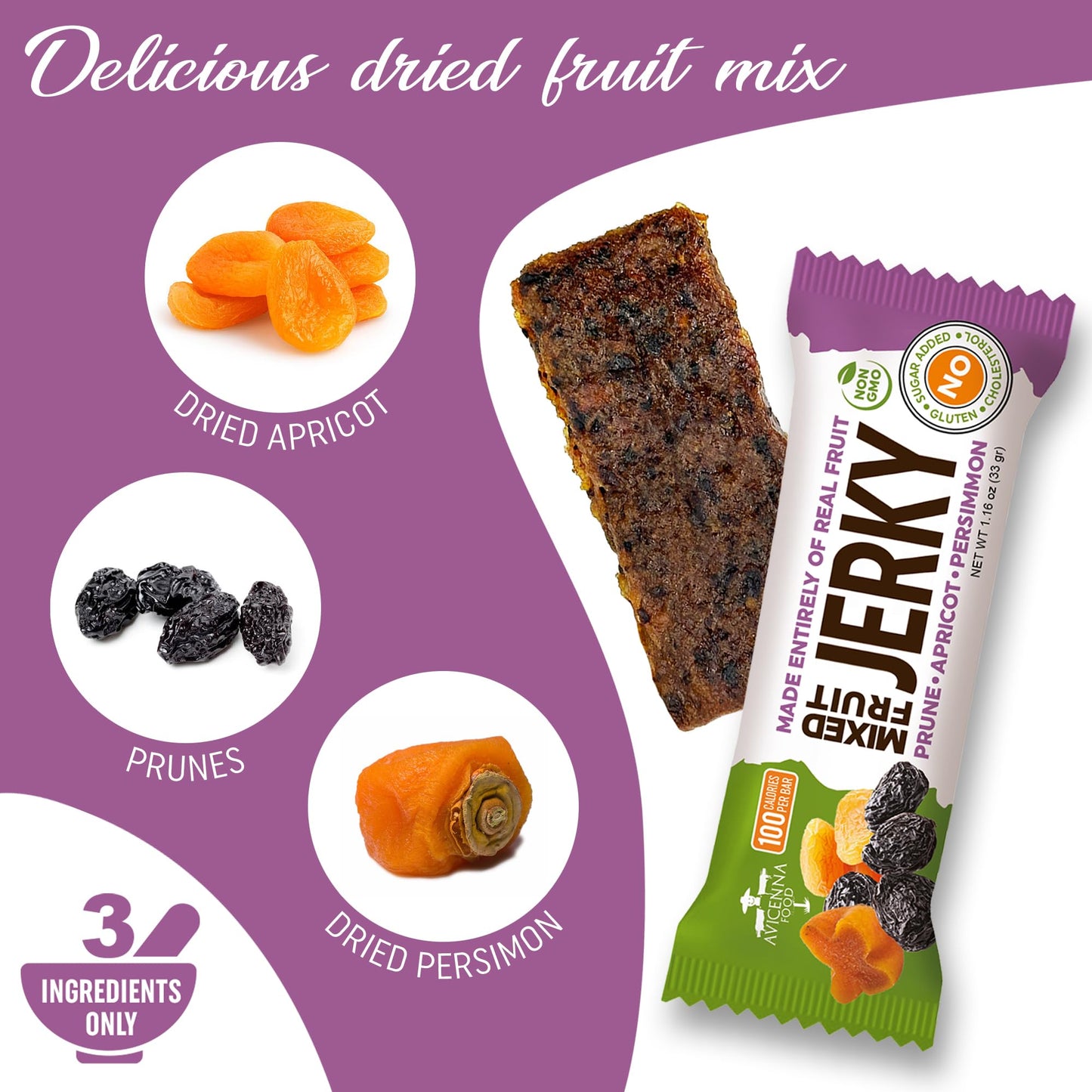 AVICENNA FOOD Variety Pack Natural Fruit Bar, No Added Sugar, Gluten Free, Non GMO, High Fiber Healthy Snacks for Adults and Kids, dried Fruit Jerky (12 Pack)