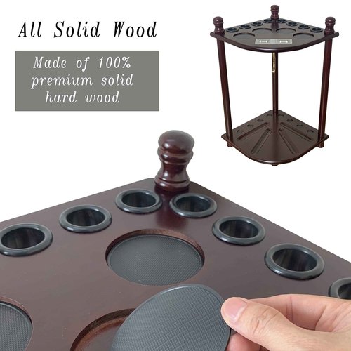 GACCO BILLIARDS Floor Standing Pool Cue Rack Hold 8 Cue Sticks & Pool Table Accessories, Wooden Pool Stick Holder, Corner Pool Cue Holder with Ball Rack Hook & Scorers (Mahogany)