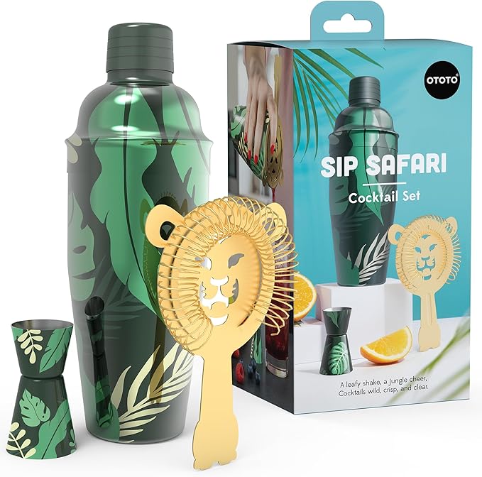 New - OTOTO Sip Safari Jungle Cocktail Shaker Set - Bartender Kit with Lion Cap, Bar Cart Accessories, Bartender Bar Acces...