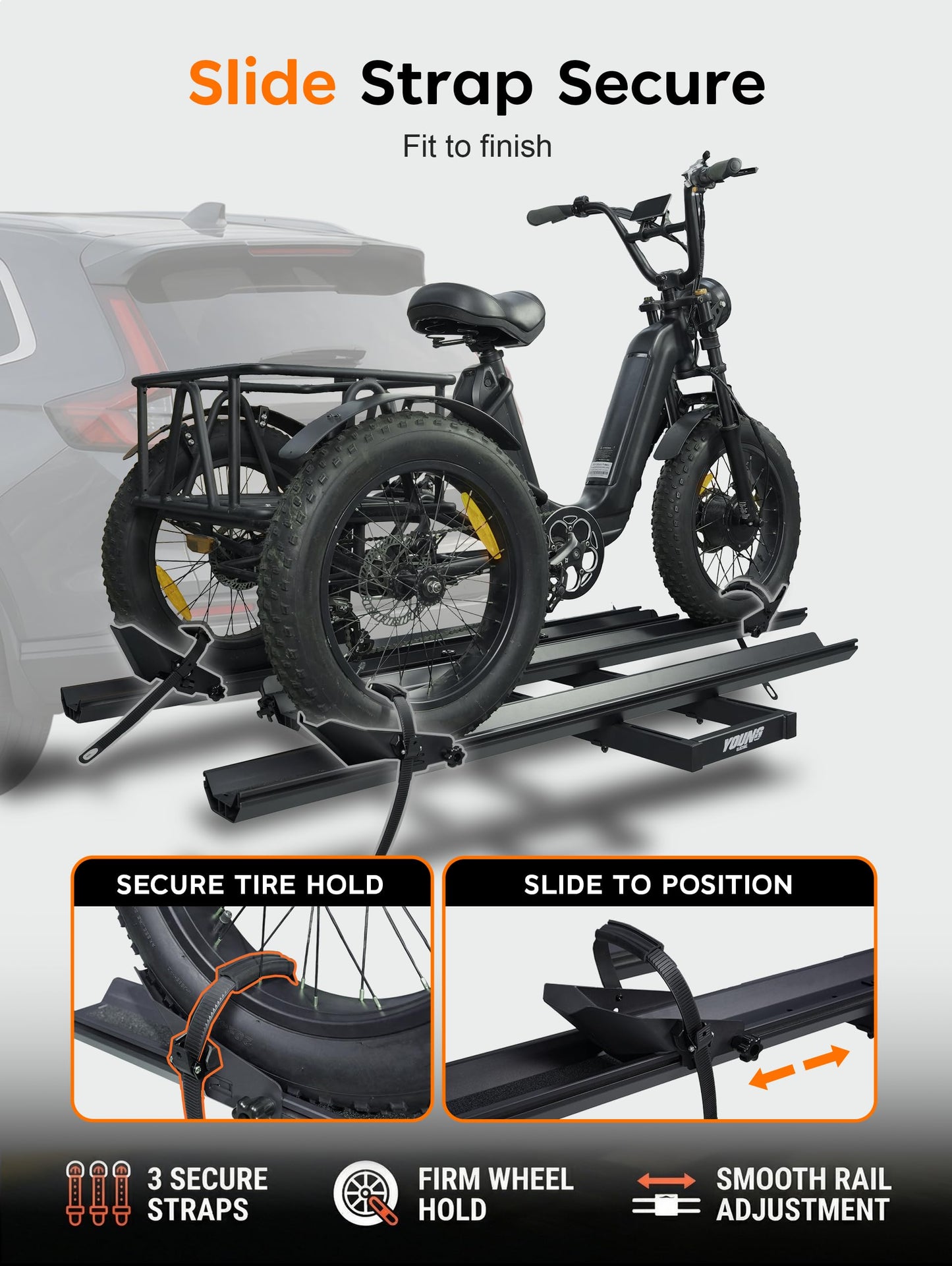 Hitch Mount Trike Rack for Tricycles - Bike Rack with 3 Ramps for Fat Tires Electric Trike, Adjustable Etrike Rack for Adult Tricycle, Folding Trikes Carrier for Cars, Trucks, SUVs, RVs 2" Receiver