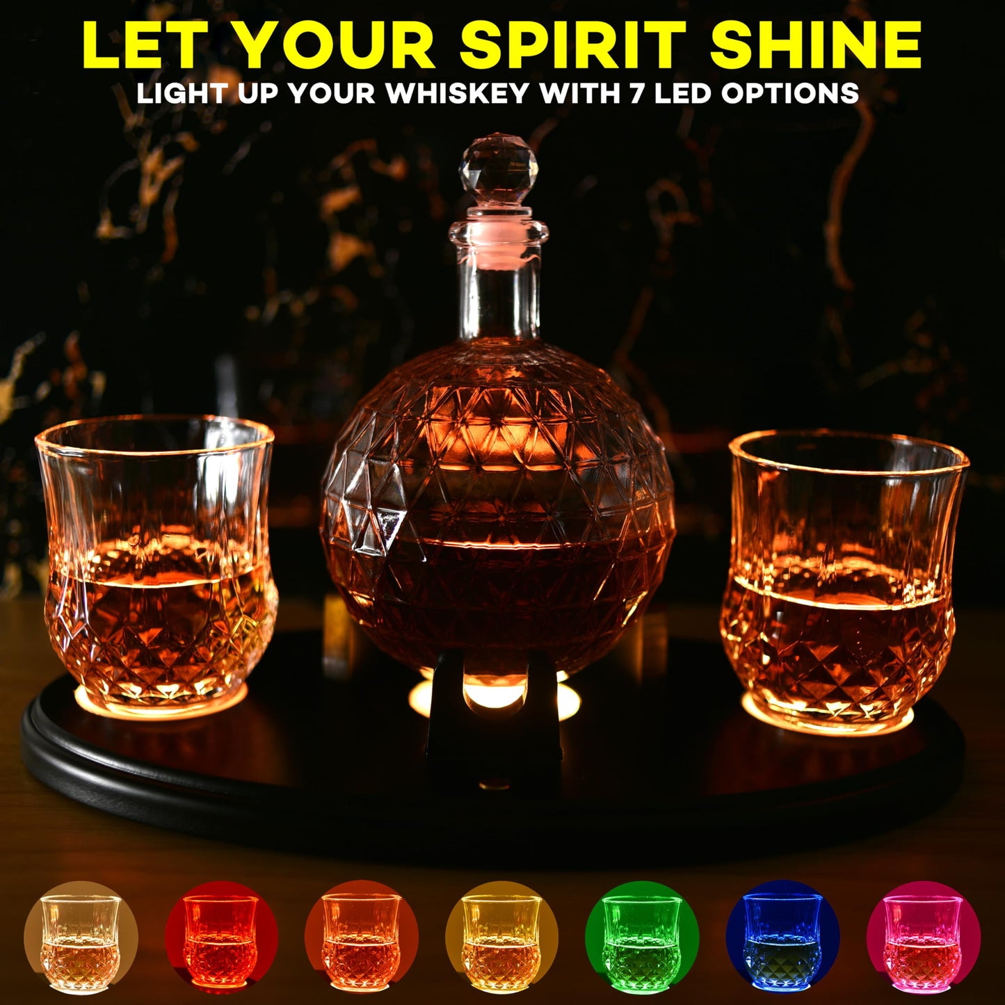 Jigger N' Dash LED Whiskey Decanter Set w Epcot Design. The Perfect Whiskey Dispenser for Home Bar - Decanter Set with Glasses and 7 RGB Light Stand - Whiskey Decanter Sets for Men - Alcohol Decanter