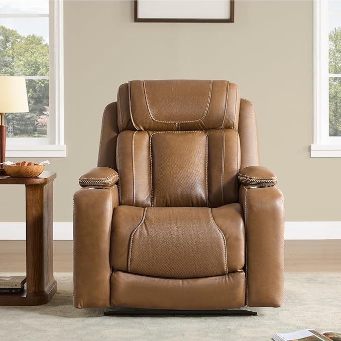 Watson & Whitely Genuine Leather Electric Recliner Chairs, Oversized Super Zero Gravity Recliner Triple-Motor W Adjustable Lumbar Headrest Support & Hidden Storage, Saddle Brown