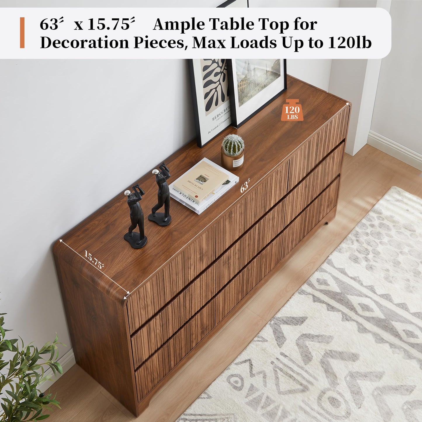 BERRYMERRY Fluted Dresser for Bedroom with 9 Drawers,63" Wide Modern Chest of Drawers with Curved Profile & Deep Drawer,Large Wood TV Dresser for Bedroom Living Room