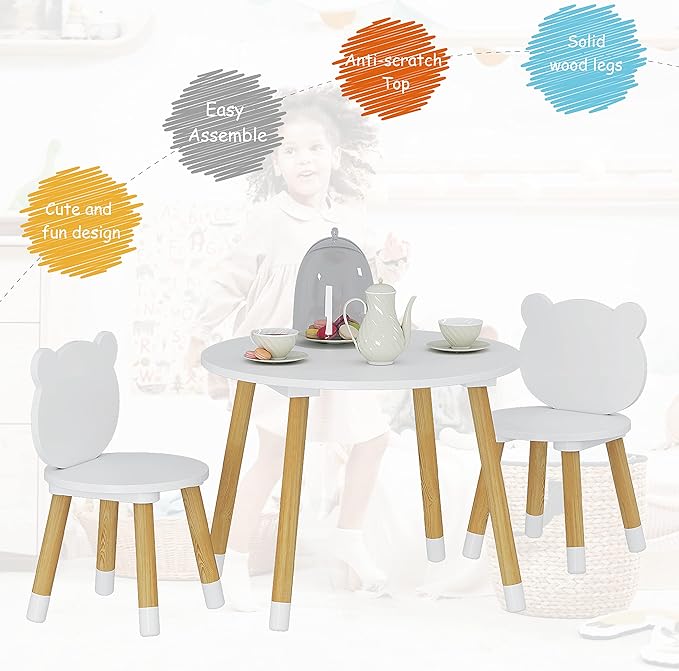 UTEX Kids Wood Table and Chair Set, Kids Play Table with 2 Chairs,3 Pieces Wood Round Table for Toddlers, Girls, Boys,White