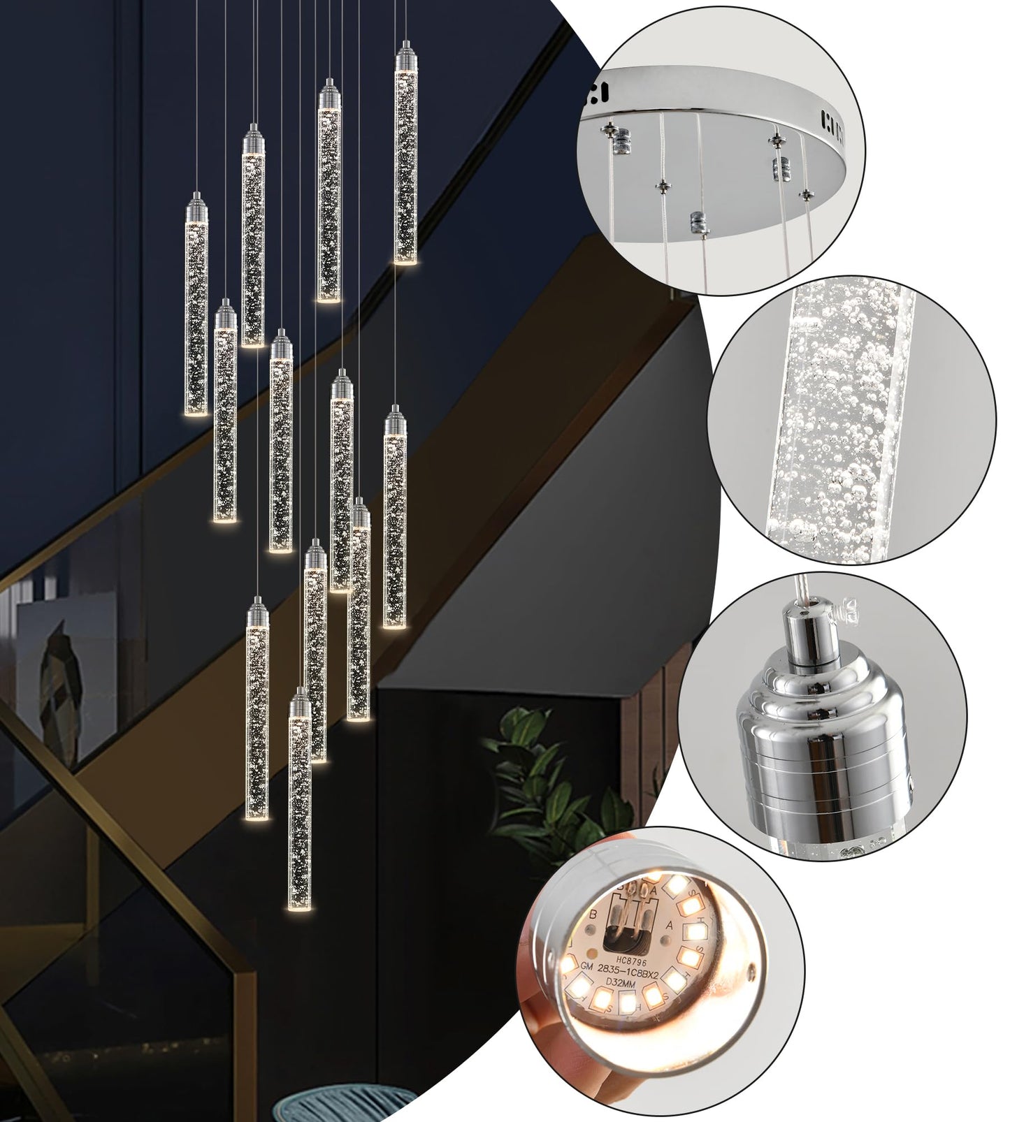 YwueChwu 12-Lights High Ceiling Crystal Staircase Chandelier Chrome, Modern Spiral Raindrop Dimmable LED Bubble Cluster Ceiling Hanging Lighting Fixture for Foyer Living Room Entrance Remote Control