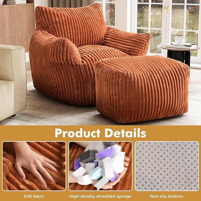JULY'S SONG Bean Bag Chair with Ottoman for Adults, Fluffy Orange Lazy Couch Sofa Chair with Armrests for Living Room, Bedroom & Dorm