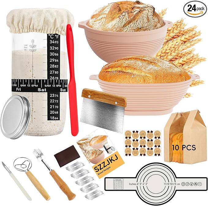 SZZJKJ Sourdough Starter Kit, 24PCS Sourdough Bread Baking Supplies, Silicone Banneton Bread Proofing Basket Set of 2 (pin...
