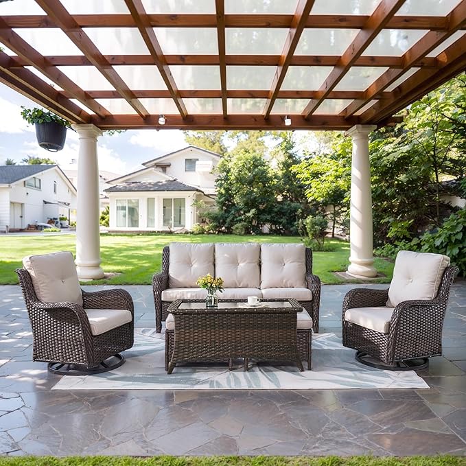 Belord Wicker Outdoor Furniture Patio Furniture Set - 6 Piece Patio Conversation Set with Swivel Rocker Chairs, Rattan Sofa, Ottomans and Coffee Table, Beige Cushion