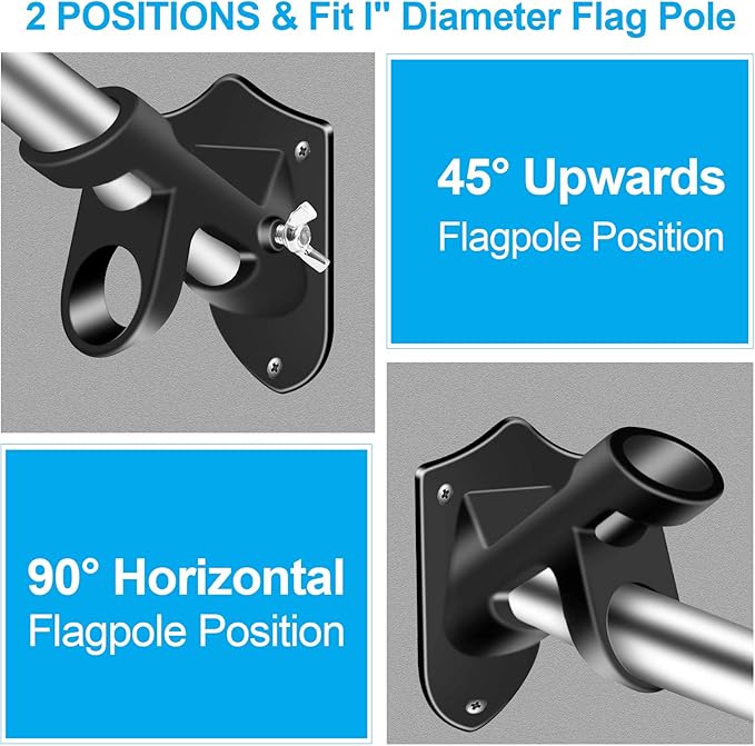 Flag Pole Holder Brackets, BONWIN 1" Flag Pole Mounting Bracket with Hardwares for House Wall Mount, 1" Inner Diameter, Two Positions & Aluminium Alloy, Rust Free Coated (Black - 1 Pack)