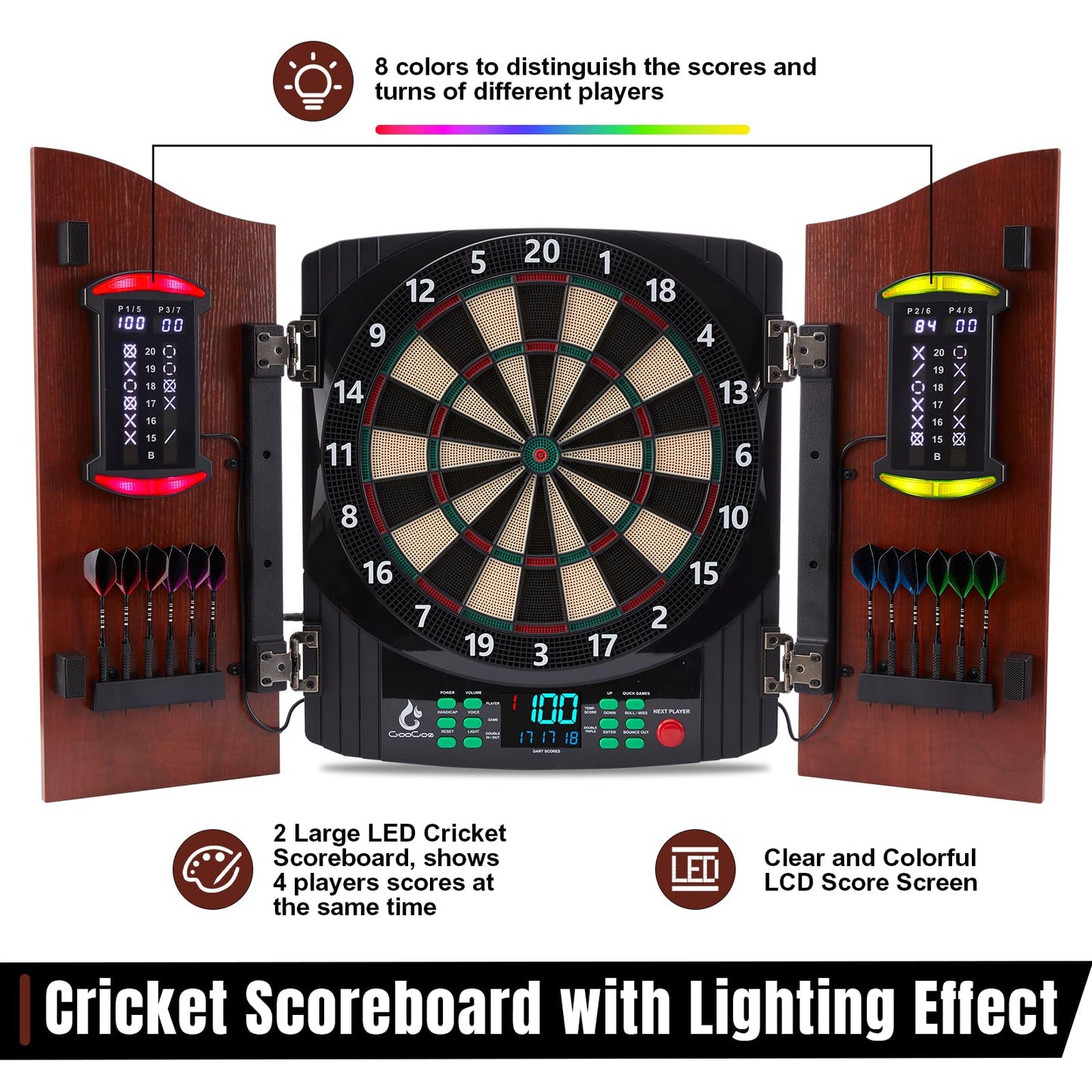 Electronic Dart Board with Wooden Door, Electric Dartboard with Heckler & Light Effects, Digital Soft Tip Dartboards for Game Room Man Cave Bar, 12 Darts, 100 Soft Tips