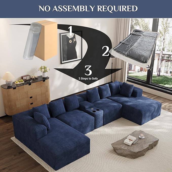 Modular Sectional Sofa with USB Cup Holders Storage, 143" U Shaped Cloud Couch Plush Corduroy Deep Seat Boneless Sofas with Double Chaise Lounge Sectional Couches Memory Foam for Living Room - Blue