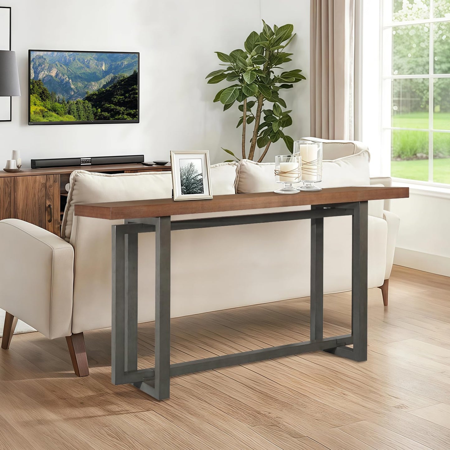 SZTHHDF 59.05'' Sofa Table for Living Room, Morden Console Table, Narrow Rectangle Solid Wood Entryway Table with Rubber Wood Legs for Hallway Kitchen Foyer (Brown+Grey)