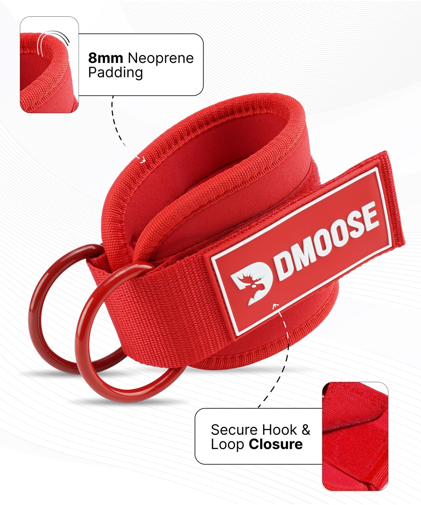 DMoose Fitness Ankle Straps for Cable Machines - One Size Fit Premium Padding, Glute Kickback Ankle Strap for Women & Men, Cable Attachments for Gym, Booty Workouts & Hip Abductors (All Red - Single)