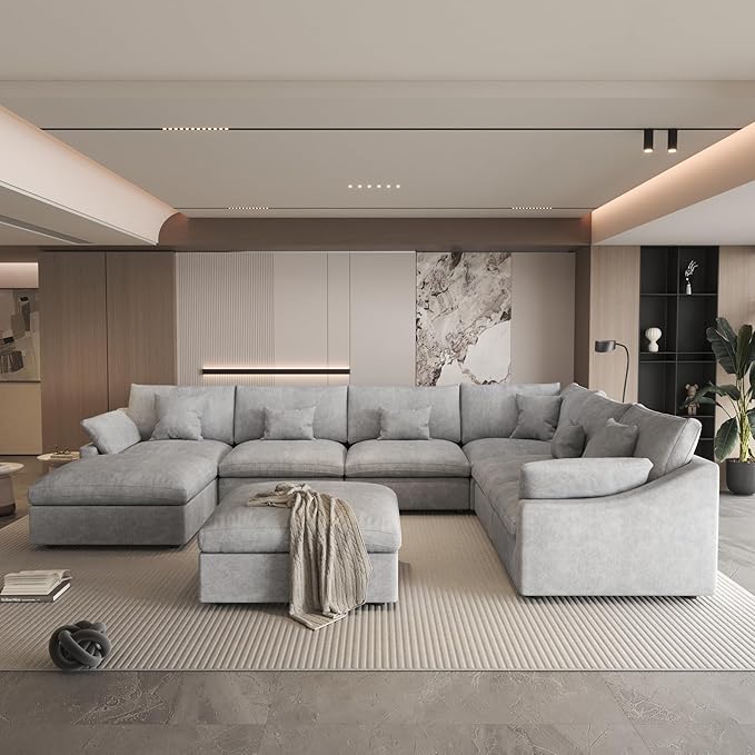 WJShome Cloud Modular Sectional Sofa Couch,156" Oversized U Shaped Sofa with Ottoman,Down Filled 8 Seater Convertible Bed Living Room Set,Covers Washable&Replaceable (Gray)
