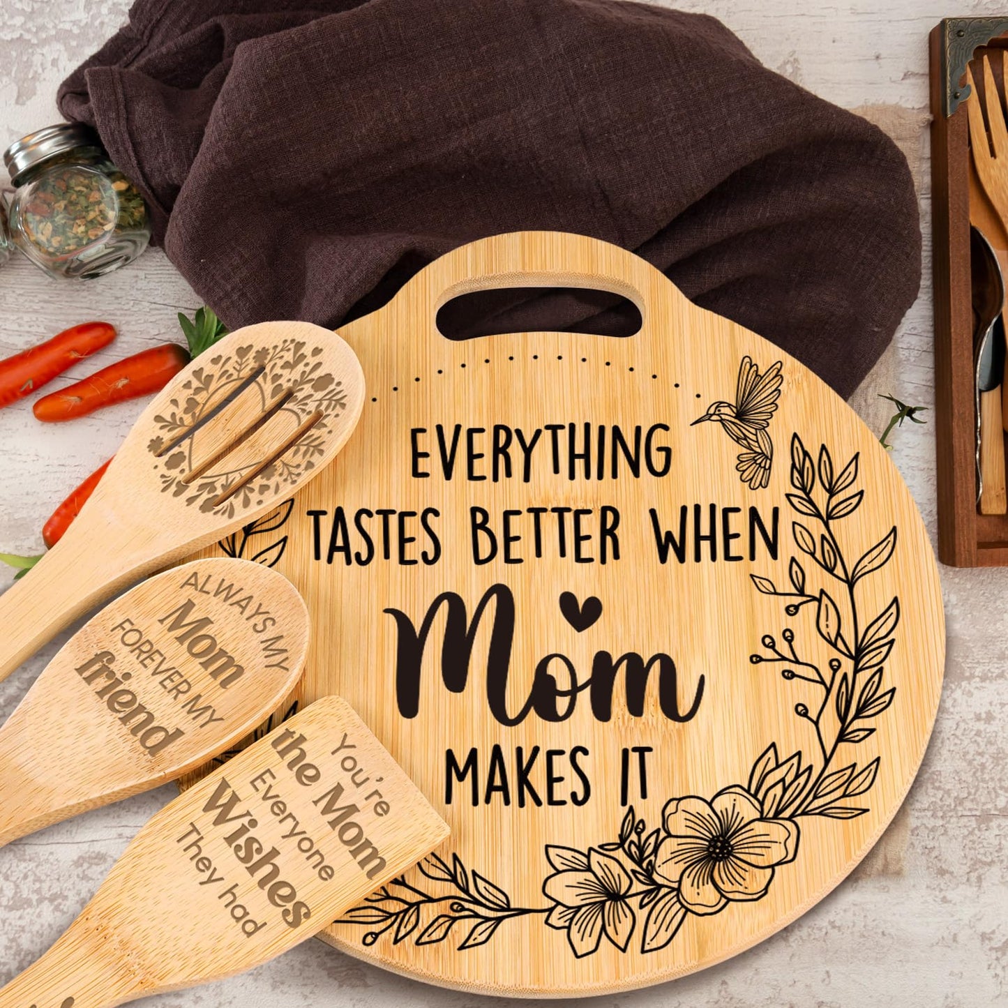 Birthday Gifts for Mom - Cute Engraved Bamboo Cutting Board Set, Perfect Mom Birthday Gifts from Daughter/Son, Mothers Day Christmas Birthday Gifts for Mom Mother, Home and Kitchen Decor