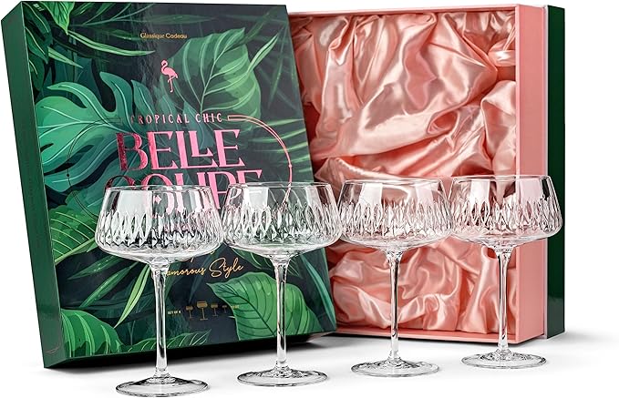 Vintage Flamingo Belle Coupe Glasses for Cocktails and Champagne | Set of 4 | 12 oz Crystal Retro Style Stemmed Saucers fo...