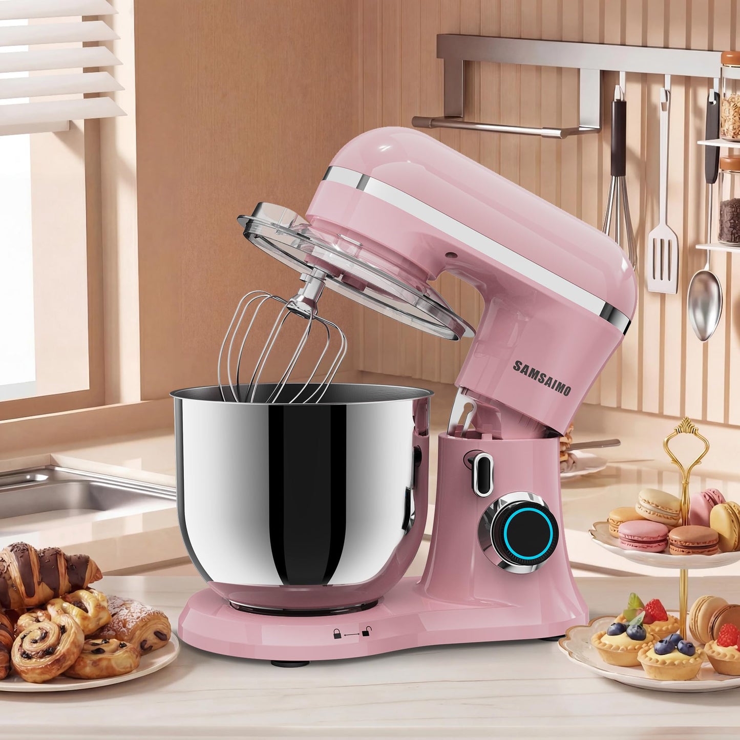 SAMSAIMO 3-IN-1 Electric Stand Mixer, 10-Speed With Pulse Button, Attachments include 6.5QT Bowl, Dough Hook, Beater, Whisk for Most Home Cooks, Sakura Pink