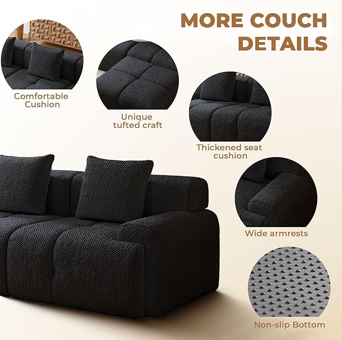 73" Modern Modular Sectional Sofa, 2 Seater Convertible Chenille Cloud Couch Sofa Set, Boneless Couches for Living Room with Ottoman, No Assembly Required, Black