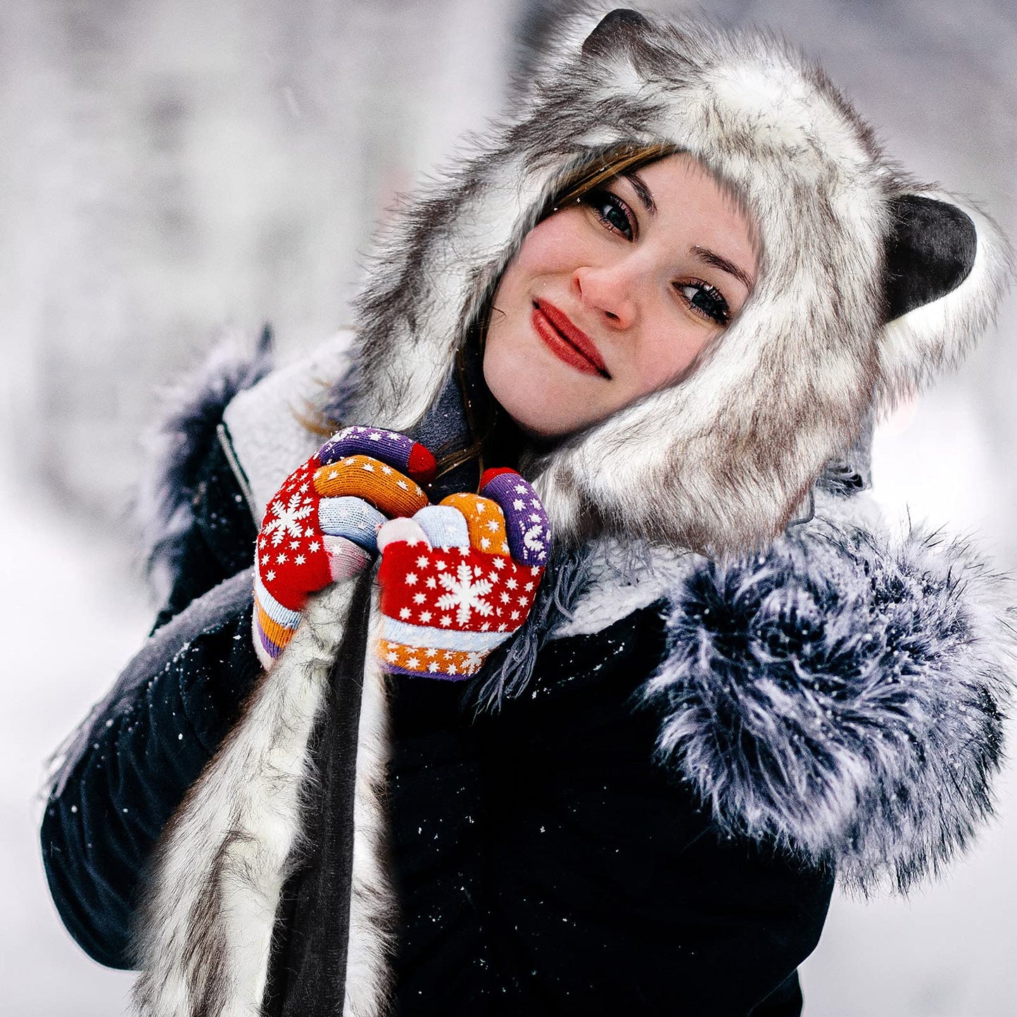 SATINIOR Wolf Faux Animal Hoods Hat Furry Hat Mittens Gloves Scarf Paws Ears Wolf Accessories (White and Black)