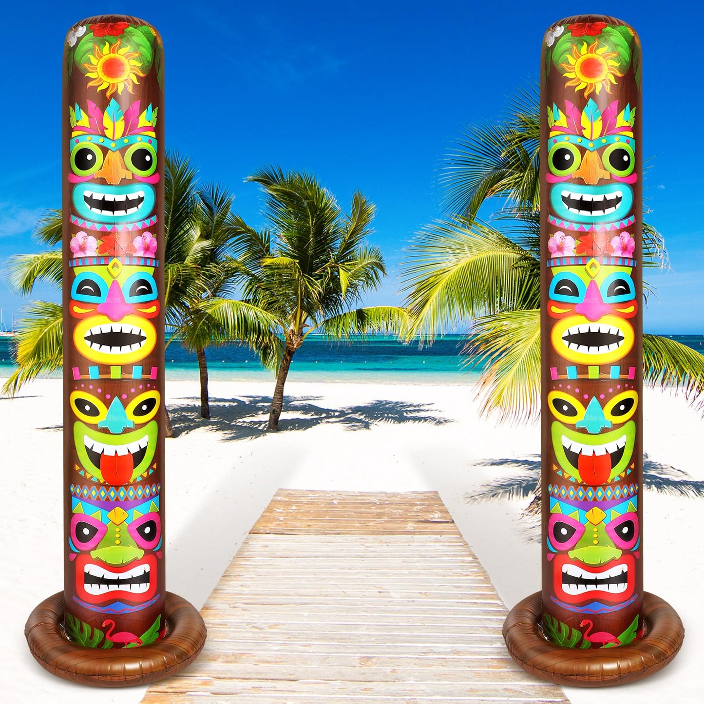 Leyndo 2 Pack 6 ft Inflatable Tiki Luau Party Decorations Hawaiian Luau Tropical Inflatables Tiki Decorations Blow up Party Beach Supplies for Hawaiian Parties Bar Summer Pool Outdoor Yard Decor